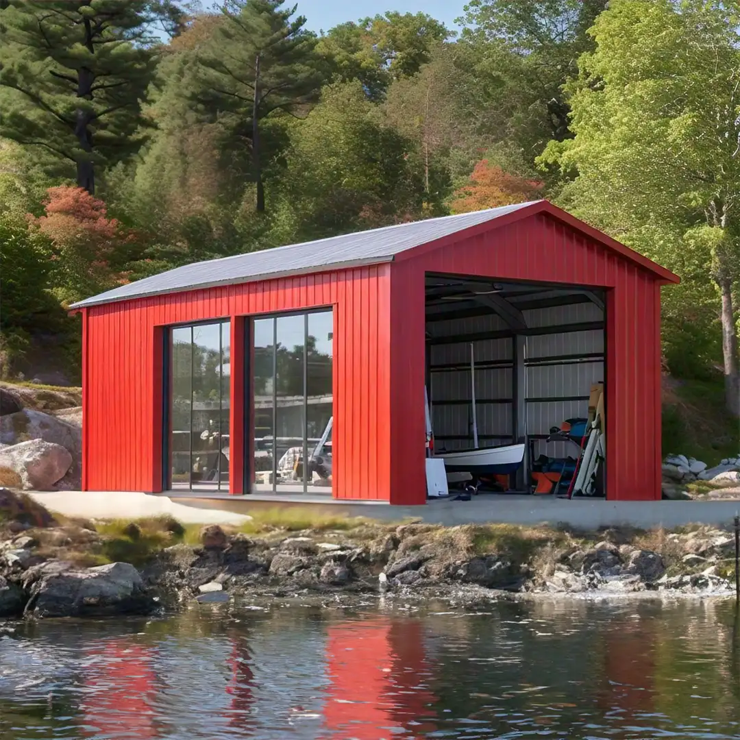 Red prefabricated steel boathouse