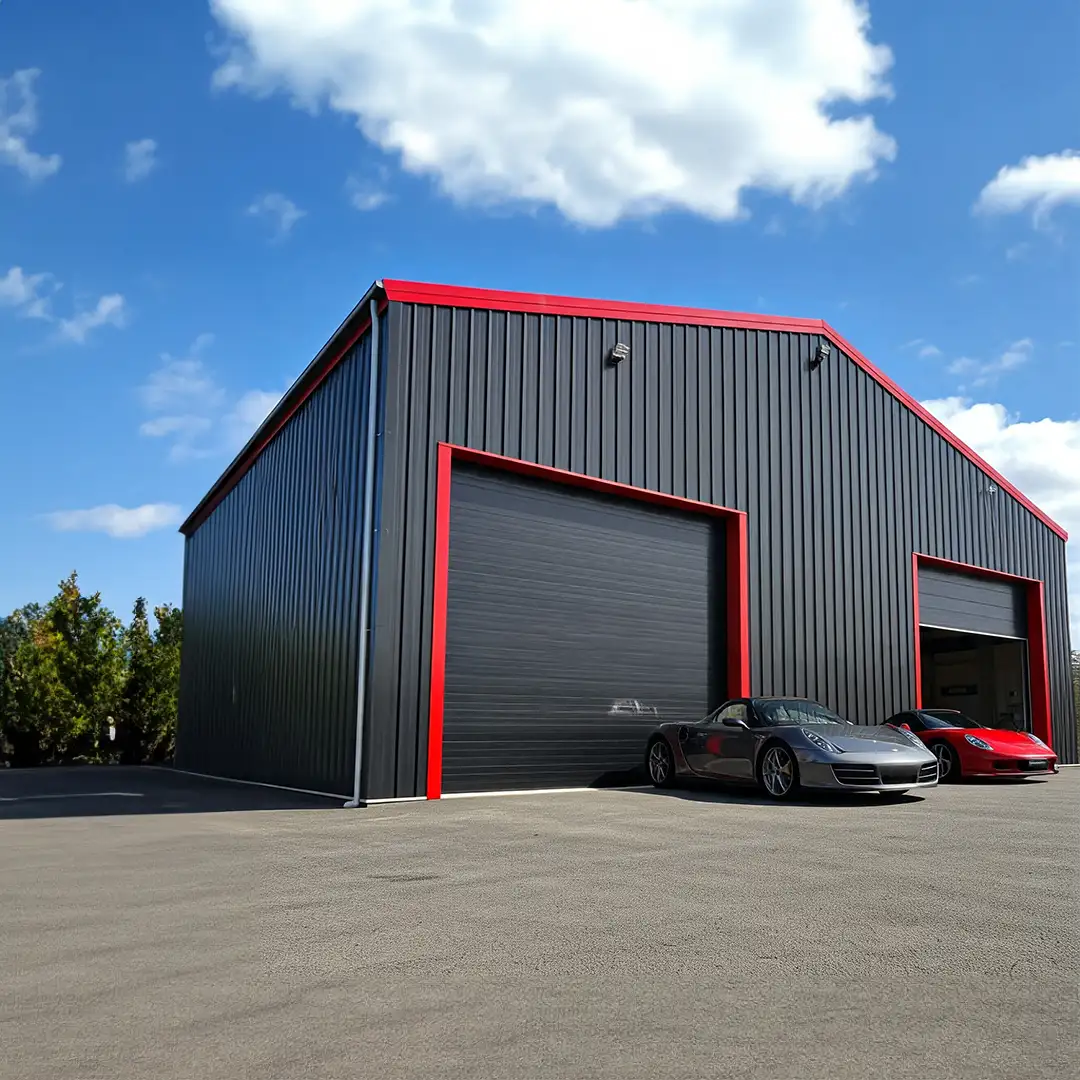 Large black steel garage with red trim