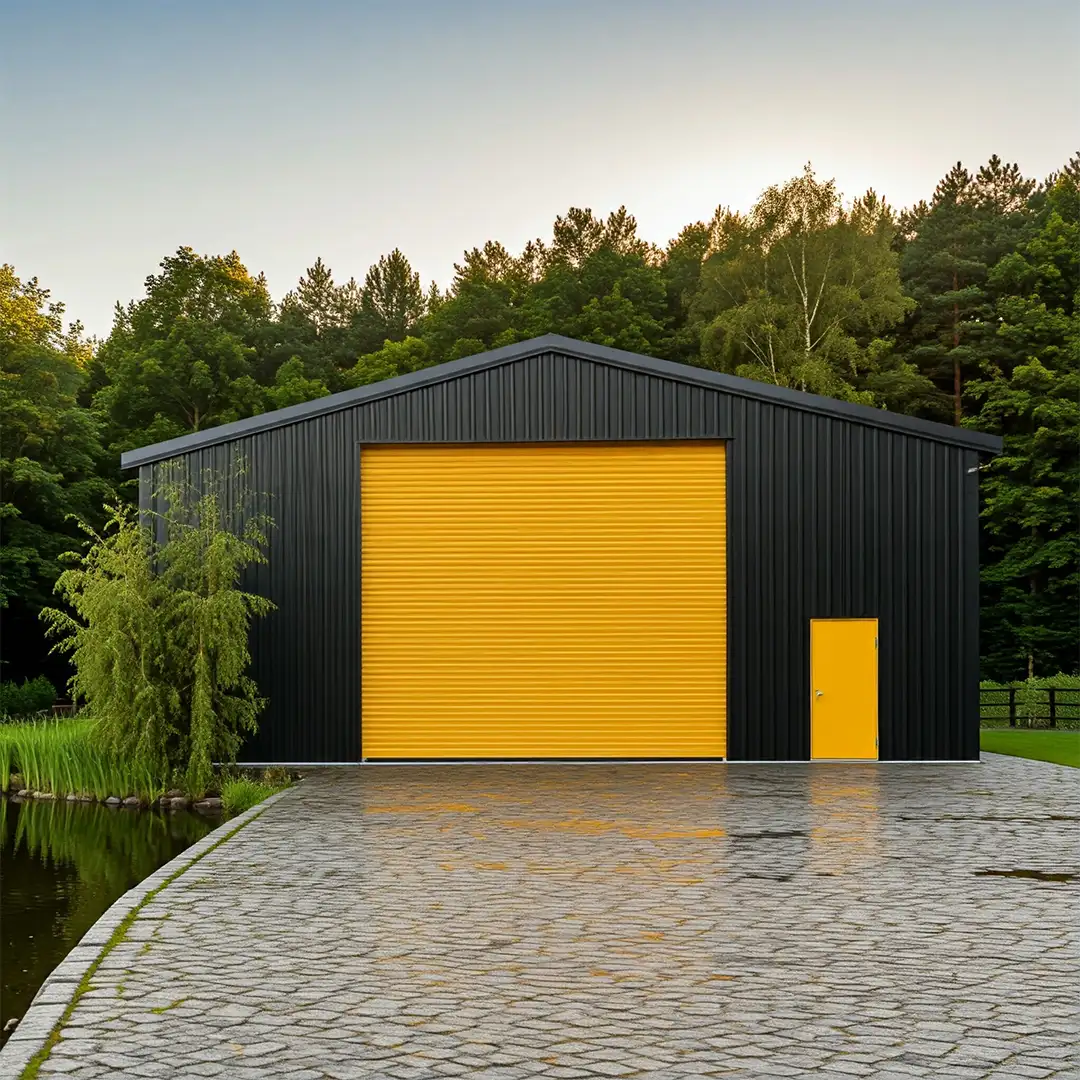 40x60 black steel building with yellow doors