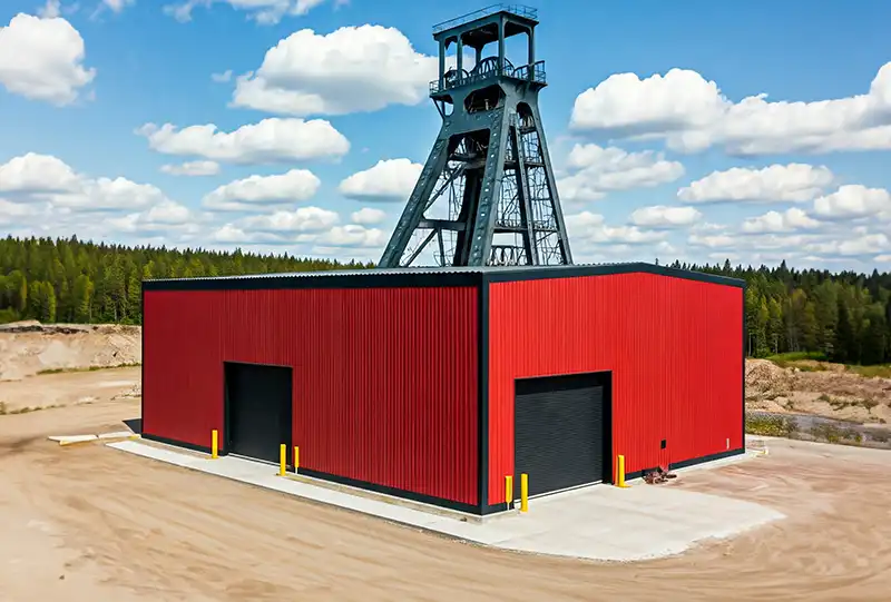 Red Prefab Steel Buildings at Mining Facility