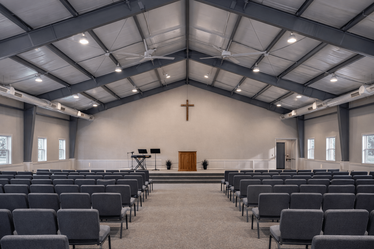 Steel church building interior