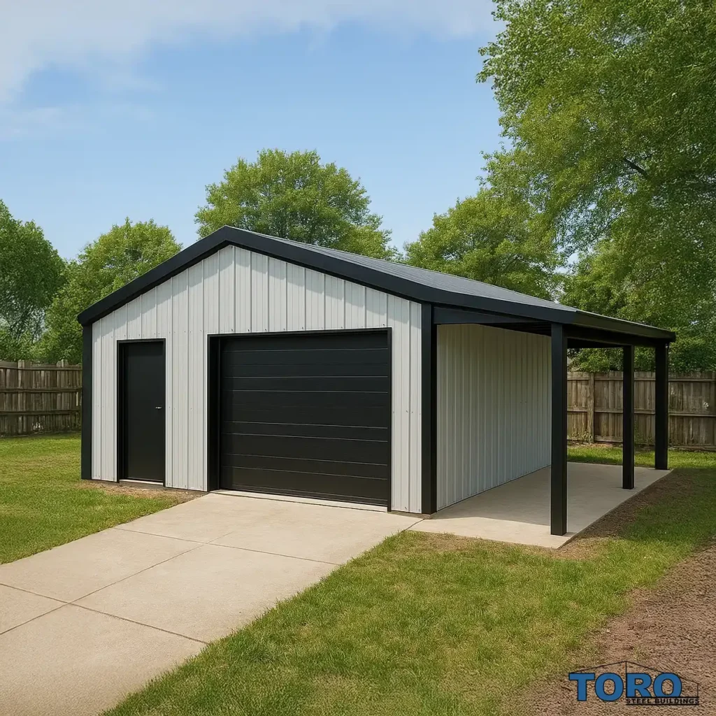 Gray steel garage with black trim and lean-to.