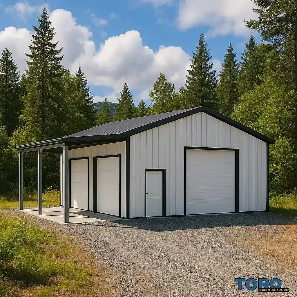 White three-bay steel garage with lean-to overhang.